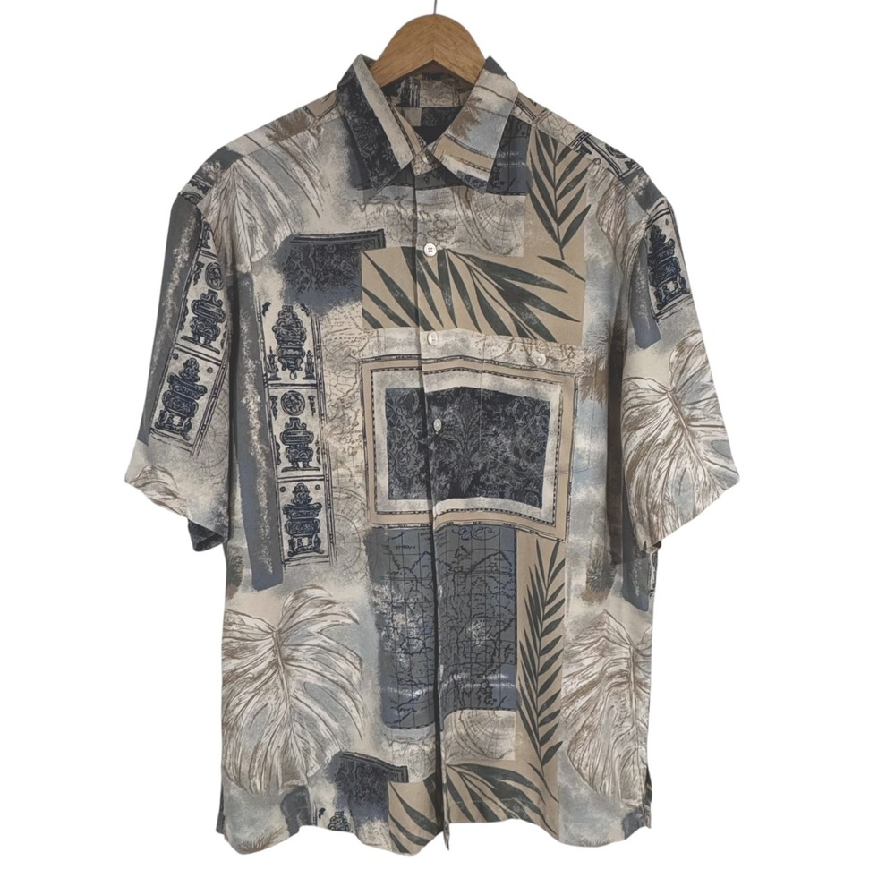 Tori Richard Mens Silk Short Sleeve Hawaiian Shirt Beige Graphic Print Size M